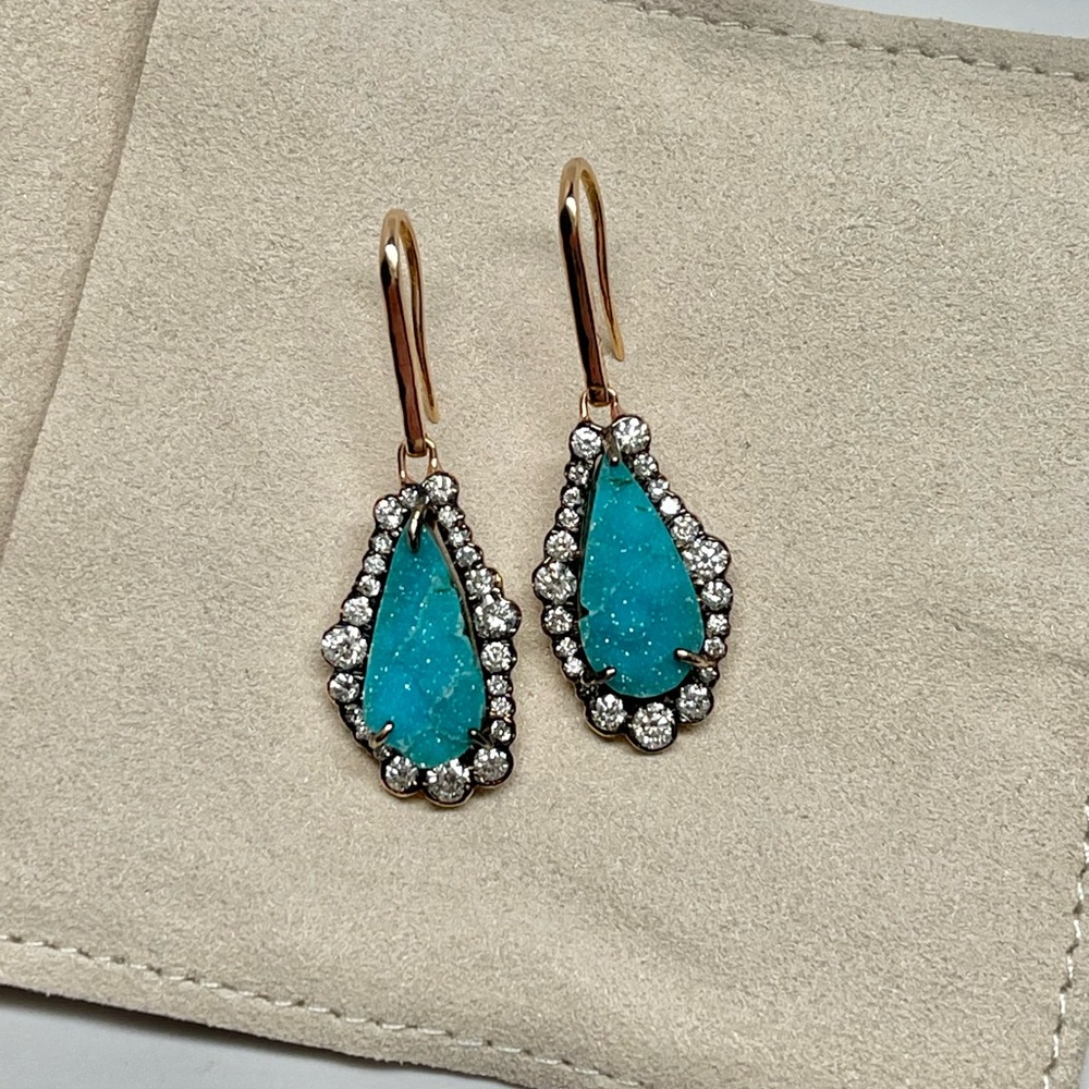 18K Rose Gold, Chrysocolla Druze, Diamond Earrings Designed by Kimberly McDonald